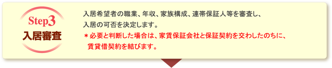 入居審査 入居希望者の職業、年収、家族構成、連帯保証人等を審査し、入居の可否を決定します。 ＊必要と判断した場合は、家賃保証会社と保証契約を交わしたのちに、賃貸借契約を結びます。