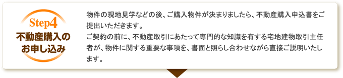 不動産購入のお申し込み 物件の現地見学などの後、ご購入物件が決まりましたら、不動産購入申込書をご提出いただきます。ご契約の前に、不動産取引にあたって専門的な知識を有する宅地建物取引主任者が、物件に関する重要な事項を、書面と照らし合わせながら直接ご説明いたします。