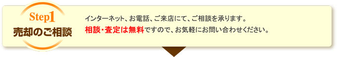 売却のご相談 インターネット、お電話、ご来店にて、ご相談を承ります。相談・査定は無料ですので、お気軽にお問い合わせください。